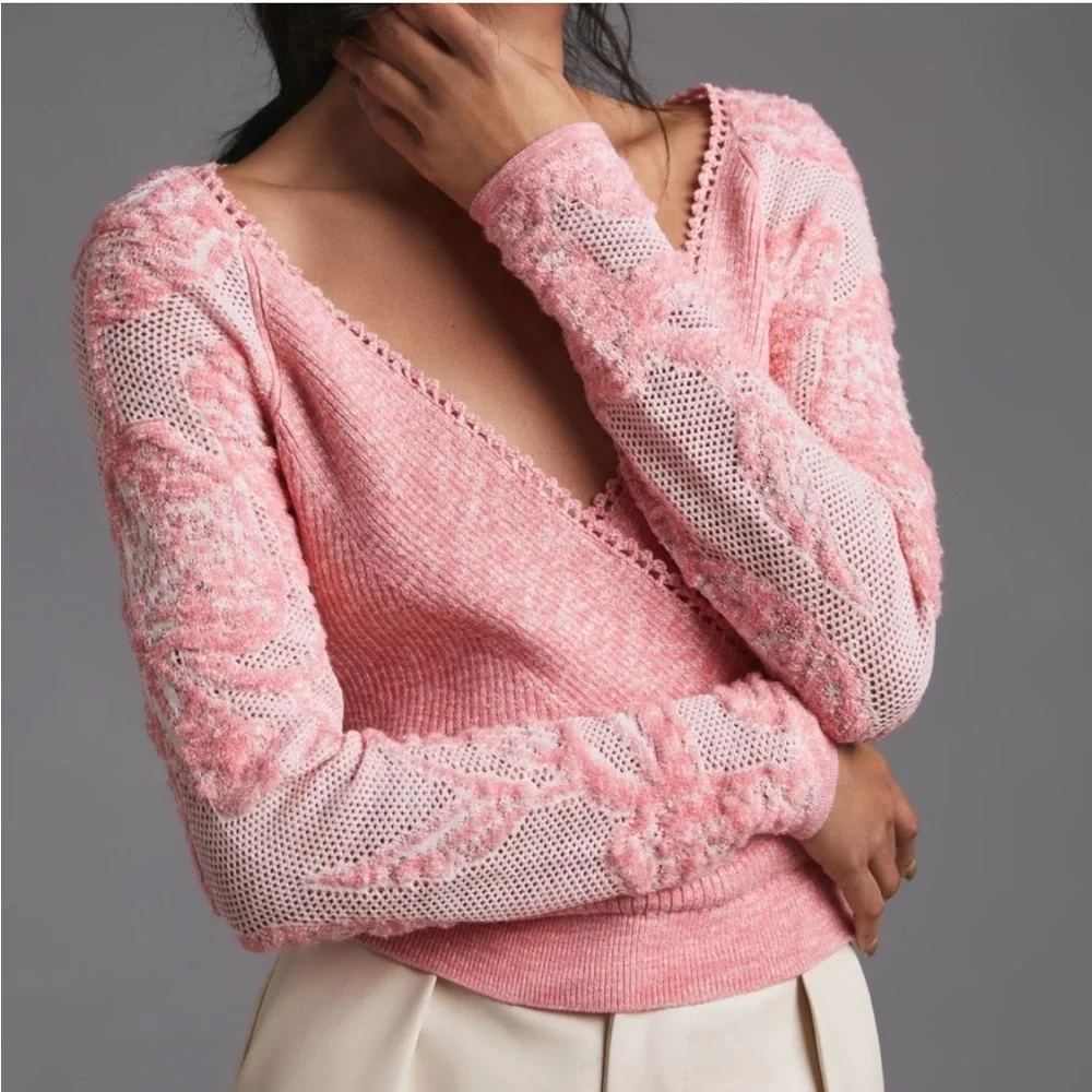 By Anthropologie Lace-Sleeve Sweater Pink S - Picture 2 of 11